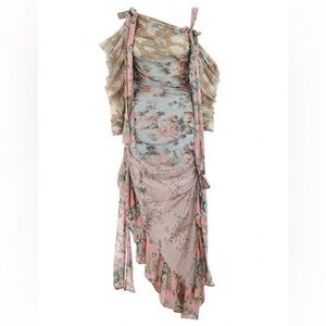 Zimmermann Floral Asymmetrical Silk Blend Dress in Pastel Pink and Light Blue